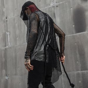 Män Hollow Out Mesh Long Trench Coat With Hemp Rope Belt Sexig Gotisk Punk Rock Hooded Cloak Nightclub Dj Singer Stage Costume CJ191128