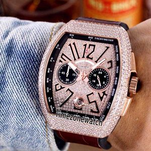 New Yachting Vanguard V45 Rose Gold Diamond Case Gold Dial Black Subdial Quartz Chronograph Mens Watch Brown Rubber Timezonewatch E49a1