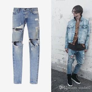 Jeans Masculino The Man's Light Washing Destruction Calças com Zíper Slim Hole High Street Calças Modernas Hip-hop Cool