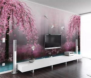 Benutzerdefinierte 3D Tapete Schöne Träumerische Rosa Cherry Swan Lake Landschaft Wohnzimmer Schlafzimmer Hintergrund Wanddekoration Wandbild Tapete