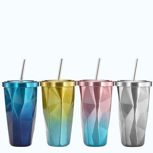 17oz Tumblers gradiente de diamante Cup de palha portátil Parede dupla em aço inoxidável Tumbler viagens de café canecas de café com tampa