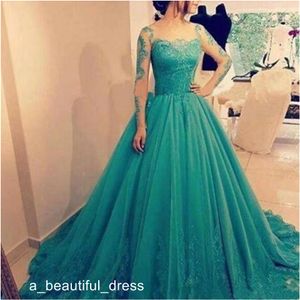 Princess Long Sleeve Evening Party Dresses Modest Sheer Jewel Neck Lace Tulle Puffy Skirt Tiered Skirt Long Train Prom Gown ED1144