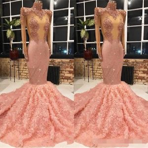 Prom Dresses Pink Sexy Illusion Bodice Flowers High Neck Beaded Crystal Custom Made Long Sleeves Formal Ocn Wear Evening Gown