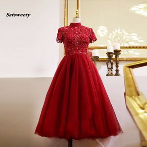 Modest Hot Red Lace Tea Length Evening Dresses Shiny Beaded Crystal Evening Gowns High Collar Short Sleeves Party Dress
