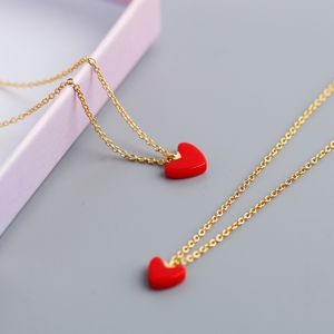 Wholesale-925 sterling silver necklace red heart shape pendants for women girls 18k gold plated necklaces Chinese style love jewelry