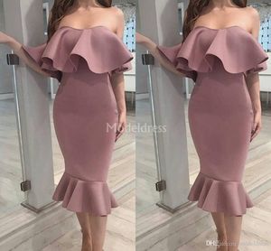 New Sexy Sheath Cocktail Dresses Strapless Cascading Tea Length Formal Party Evening Gown Special Occasion Dress Cheap Vestidos De Fiesta