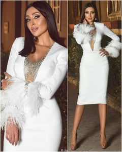 2020 satin sjöjungfrun kvällsklänningar fjäder sequins rhinestone prom klänning långärmad te längd speciella tillfällen klänningar