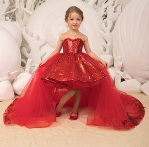 Sparkle paljetter Little Girls Pageant Dresses 2023 Borttagbar Tulle Train Ballgown hej lo barn jul födelsedag cocktail party klänningar med båge skräddarsydd hög låg röd rött