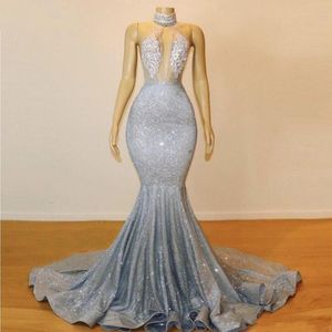 Sexy Prata Lantejoulas Sereia Vestidos de Baile 2019 Rendas Apliques de Moda Formal Vestidos de Noite Ruffles Trem de Varredura Cocktail Party Vestidos