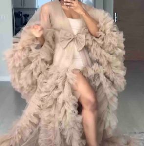 Nude Illusion Ruffles Tulle Long Sleeve Women Winter Sexy Kimono Pregnant Party Sleepwear Women Bathrobe Sheer Nightgown Robe