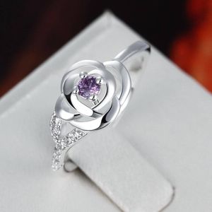 S925 Silver Sapphire Anel Flor Forma com Cristal Branco Floral Romântico Anillos De Dedo Diamante Anéis Ametista Jóias Finas