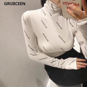Gruiiceen Новый Fahsion Print буквы с длинным рукавом футболка женские стритюна стройная осенью турок женские топы тройки сексуальные