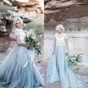 Darmowa wysyłka Skromny Dusty Blue Tulle White Lace A-Line Country Suknie ślubne Nowe z krótkim rękawem Ruched Długie suknie ślubne