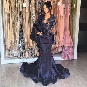 Mermaid Blue Stylish Navy Prom Dresses Long Sleeves Illusion V Neck Lace Applique Sweep Train Satin Formal Evening Wear Celebrity Gown