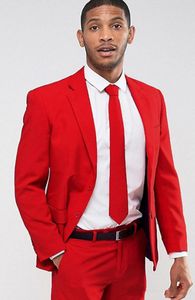 Slim Fit Red Men Bröllop Tuxedos Notch Lapel Två Knapp Brudgum Tuxedos Populära Klänning Män Business Dinner / Darty Suit (Jacka + Byxor + Tie) 312