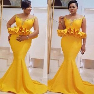 Żółty Off Ramię Prom Dresses Dubai Afryki Ruffles Plus Size Formalna Syrenka Suknia Wieczorowa Panie Pacjenty Suknie