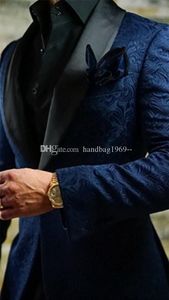 Classic Style One Button Navy Blue Paisley Groom Tuxedos Shawl Lapel Groomsmen Mens Suits Wedding/Prom/Dinner Blazer (Jacket+Pants+Tie) K451