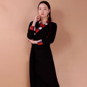 Alta qualidade de seda de algodão lapela China minoria tibetana do Tibete vestido longo Robe mulheres roupas estilo étnico vida roupas tibetano