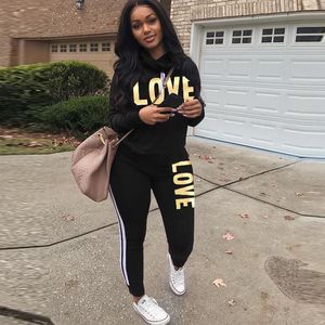 Plus Size 2 Piece Set Women Black Outfit LOVE Letter Print High Neck Hoodies Sweatshirt Pants Tracksuit Streetwear Casual Suit V191128