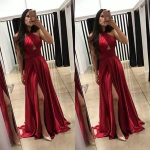 Open Leg Sexy Indian Cheap Prom Dresses Halter Neckline A Line Red Chiffon Party Dresses vestidos de noche 2019 New Design