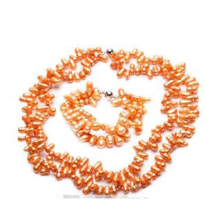 送料無料セットオレンジ色の養殖淡水真珠のネックレスブレスレットファッションジュエリー（A0423）