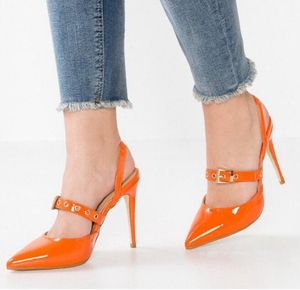 Bombas Patent laranja sapatos de couro Mulheres Verão sapatos 2019 salto agulha Slingback Bombas Toe Pointy Moda saltos altos para Mulher