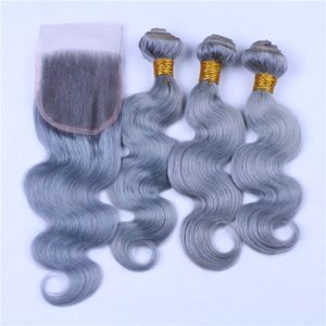 Grey Human Hair Bundles with Lace Closure 4x4 Silver Gray Virgin Peruvian Body Wave Hair Lace Closure and Weave Bundles Deals