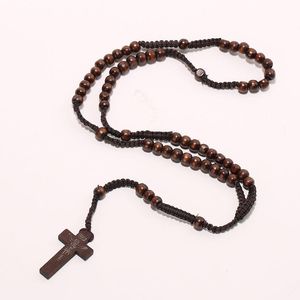 Grossist- Män Kvinnor Catholic Christ Trä 8mm Rosenkrans Korshänge Vävt rep Halsband Svart/brun/Beige/ligt brun