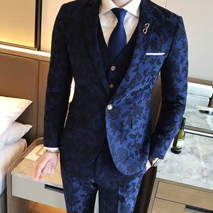 Navy Floral Pattern Groom Wedding Tuxedos Shawl Lapel Groomsmen Mens Suits Excellent Man Jacket Blazer 2 Piece(Jacket+Pants)