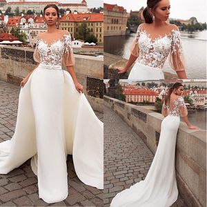 Jewel Neckline See-through Top 2 In 1 Wedding Dresses With Detachable Skirt 2020 Half Sleeves Lace Appliques Mermaid Wedding Bridal Gowns