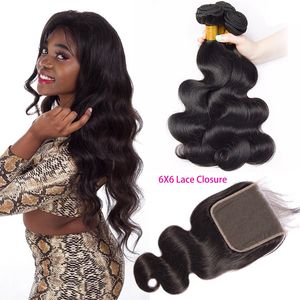 Indian Human Hair Bundles With 6X6 Lace Closure Middle Three Free Part Body Wave Hair Wefts With 6*6 Closure Natural Color