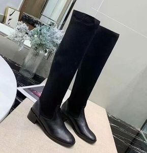 Moda Marka Damska śnieg Zimowe buty do kolan Okrągłe palce Martin Square Heel High-High Cow Leather Booty Sz35-40