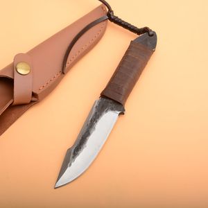 High Quality Survival Straight Hunting Knife High Carbon Steel Drop Point Blade Full Tang Handle Knives With Leather Sheath