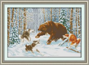 Wolves and Bear In The Snow Home Decor Paintings, Handgjorda Cross Stitch Craft Tools Broderi Needlework Stetsar räknat utskrift på duk DMC 14ct / 11ct