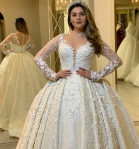 Abiti da sposa Paillettes Bottone su cerniera Abiti da ballo da sposa Scollo a V Puffy Appliques in pizzo Abiti da sposa Petites Plus Size Custom Made