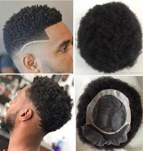 Homens Sistema de Cabelo Mens Hairpieces Front De Laço De Cabelo Afro Com Mono Npu Toupee Jet Black Brazilian Remy Reforço de Cabelo Humano para Homens negros