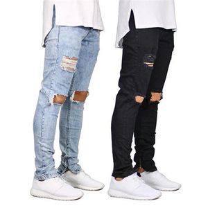 Mäns Jeans 2 Färger Mens Casual Knee Hole Zipper Design Elastisk Midja Penna Slim Fit Fashionable Urban Wind Style Cool Byxor