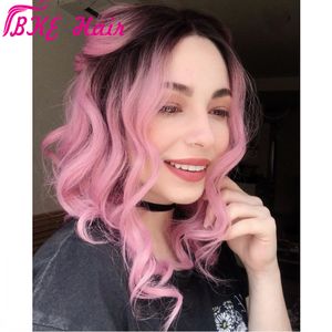 Ny kort stil Ombre rosa peruker kort vågig syntetisk spets front bob peruk för kvinnor värmebeständig fiber naturlig hårlinje cosplay