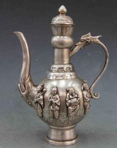 20.3 cm * / Çin antik bakır el oyması sekiz ölümsüz ejderha çaydanlık