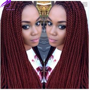 26 tums syntetiska spetsfront peruker Burgundy Red Long Twist Braids Wig Glueless flätat hår för svarta kvinnor Dagligt slitage