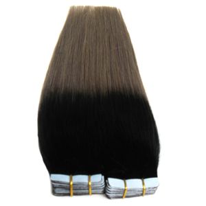 Grå ombreband i mänskliga förlängningar 100g Virgin Peruvian Straight Tape In Ombre Hair Extensions Black to Grey Double Weft Pu Skin Weft Hair