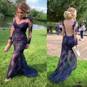 Elegant Long Sleeve See Through Tulle Appliques Evening Gowns 2020 Illusion Backless Lace Mermaid Prom Dresses BC2318