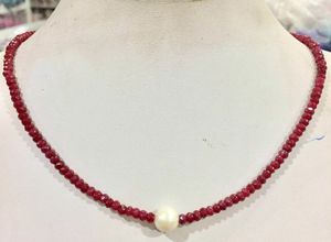 Handgefertigte 9–10 mm weiße Süßwasserperle, 2 x 4 mm, rote Jade, facettierte Halskette, lang, 45 cm, 2 Stück/Los