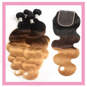 Pacotes de cabelo humano do cabelo virgem indiano ombre com 4x4 laço fecho corpo onda 1B / 4/27 três tons cor 10-28inch