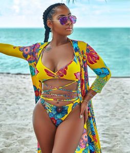 Ahvit Summer Sandbeach Impresso Sexy Swimwear Três Peça Set Bandage Cortar Top e Shorts e Beachwear Maxi Coat Me-Q086