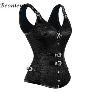 Corset Steampunk Corsage Bodice Steel Boned Gothique Brocade Gorsety i Bustiers Black Red Baski Custeres
