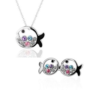 18K Platinum Plated Cute Fish Princess Women Necklaces Stud earrings Jewelry Sets Genuine Austrian Crystal Fashion jewellery for women