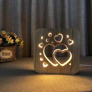 Wooden Heart Night Lamp 3D LED Night Lights for Valentine's Gift Creative Bedroom Decoration Warm White Nightlight