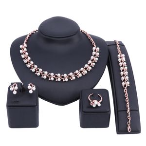 Fashion Bib Collar Pendant Luxury Choker Simulated Pearl Crystal Necklace Earring Bracelet Ring Statement Jewelry Set