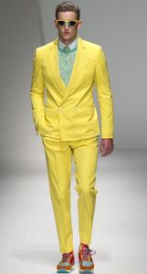 Yellow Groom Tuxedos Double-Breasted Men Wedding Tuxedos Notch Lapel Jacket Blazer Fashion Men Dinner / Darty Garnitur (Kurtka + Spodnie + Krawat) 1111
